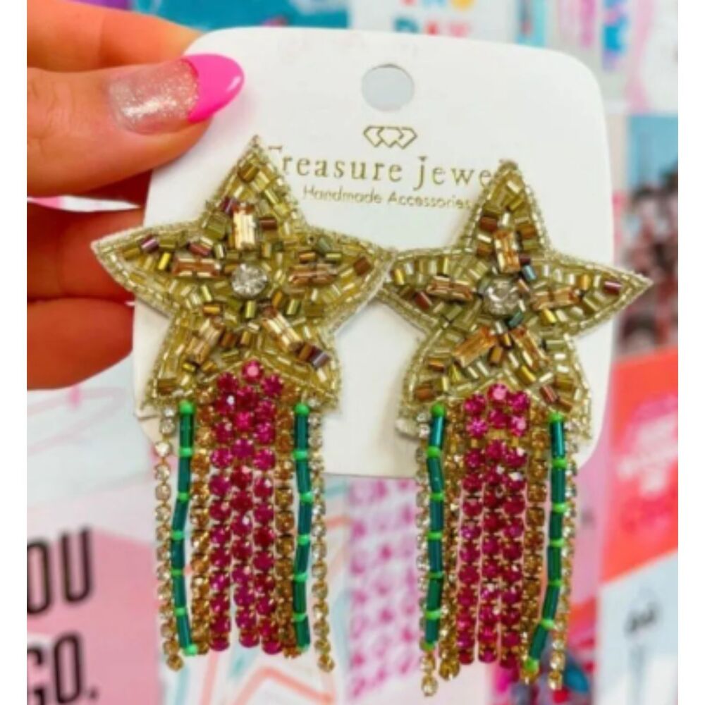 NWT Treasured Jewels Mardi Gras Star Fringe Earrings – Purple Gold Green